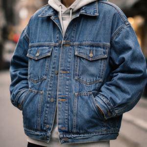 oversized denim jacket with utility pockets and contrast stitching